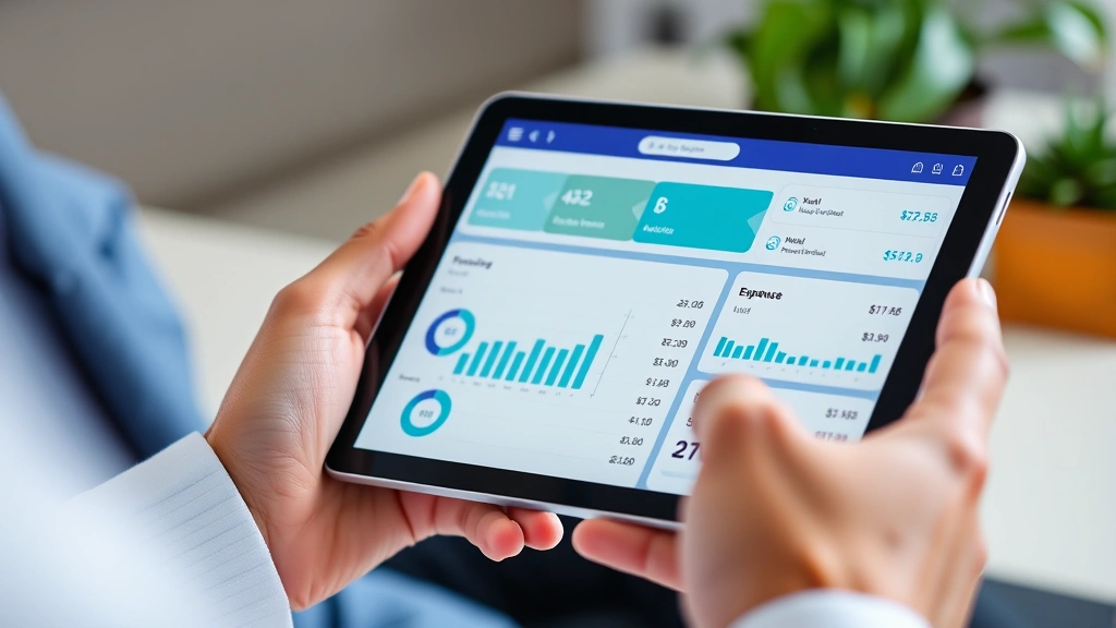 Close-up of hands holding digital tablet displaying healthcare portal interface with billing information, charts showing expense tracking, modern fintech design aesthetic