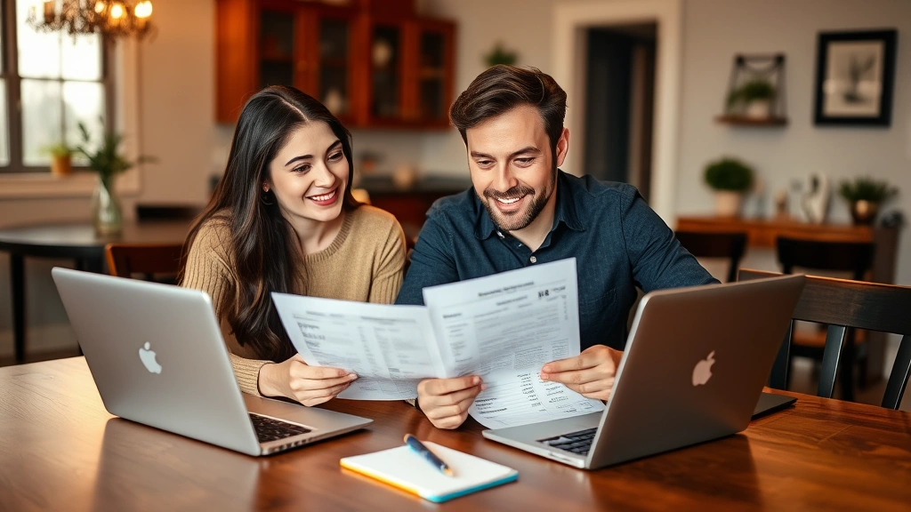 Young professional couple reviewing healthcare expenses together at dining table, laptop open showing medical billing statements, planning budget with notepad, warm inviting home environment
