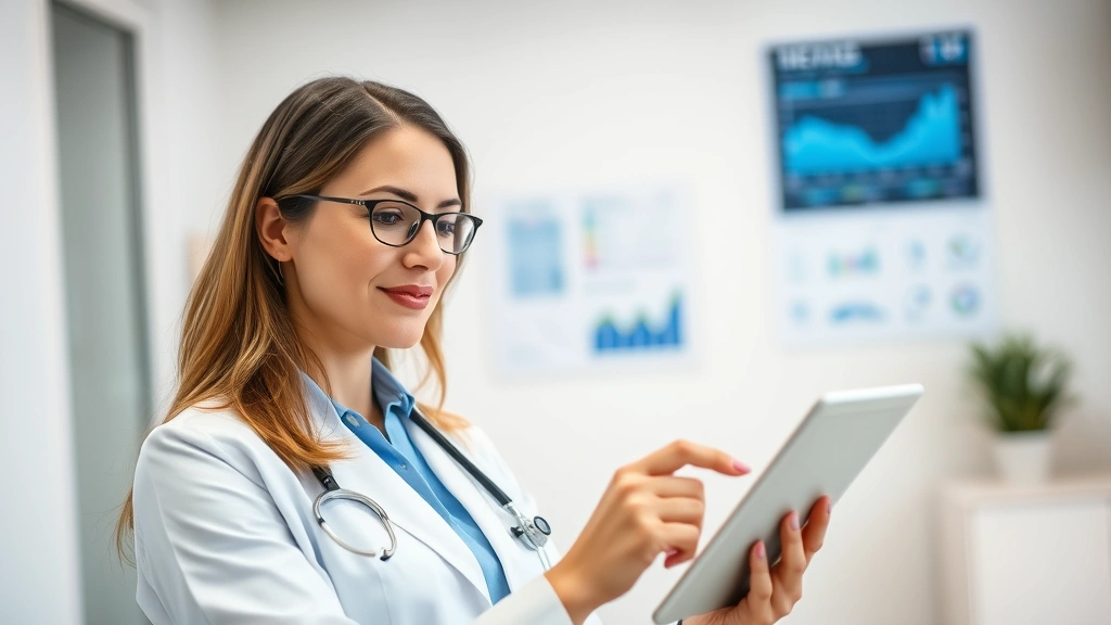 Professional woman reviewing health data on tablet in modern clinic office, natural lighting, confident expression, healthcare technology focus, no charts or numbers visible