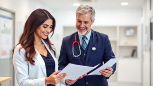 Professional woman in business attire reviewing health documents with healthcare provider in modern clinic office, both smiling confidently