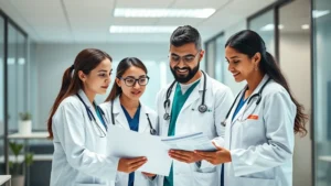 Professional healthcare team collaborating in modern clinic setting with diverse doctors and nurses reviewing patient information together, bright natural lighting, contemporary medical office environment, focused and engaged expressions