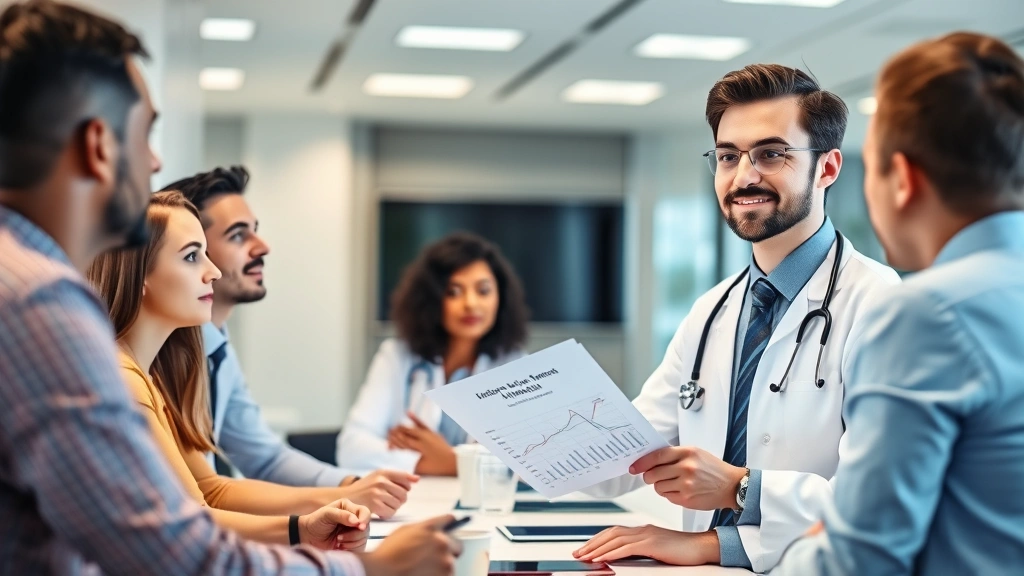Young medical professional confidently presenting data analysis to colleagues in corporate healthcare meeting room, diverse team members engaged, modern office setup with technology, professional attire, collaborative energy