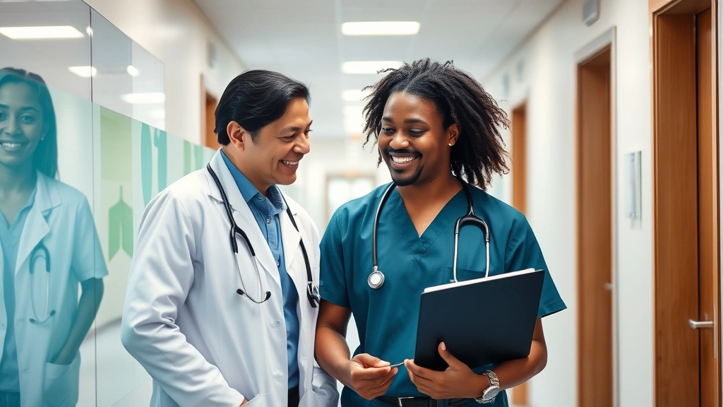 Healthcare leader mentoring younger professional in clinic hallway, both smiling, knowledge transfer moment, warm professional relationship, diverse professionals, modern medical facility background, supportive interaction