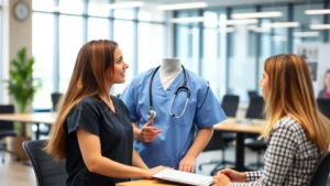 Professional occupational health nurse in modern corporate wellness center conducting employee health screening, wearing scrubs and stethoscope, modern office environment with natural lighting