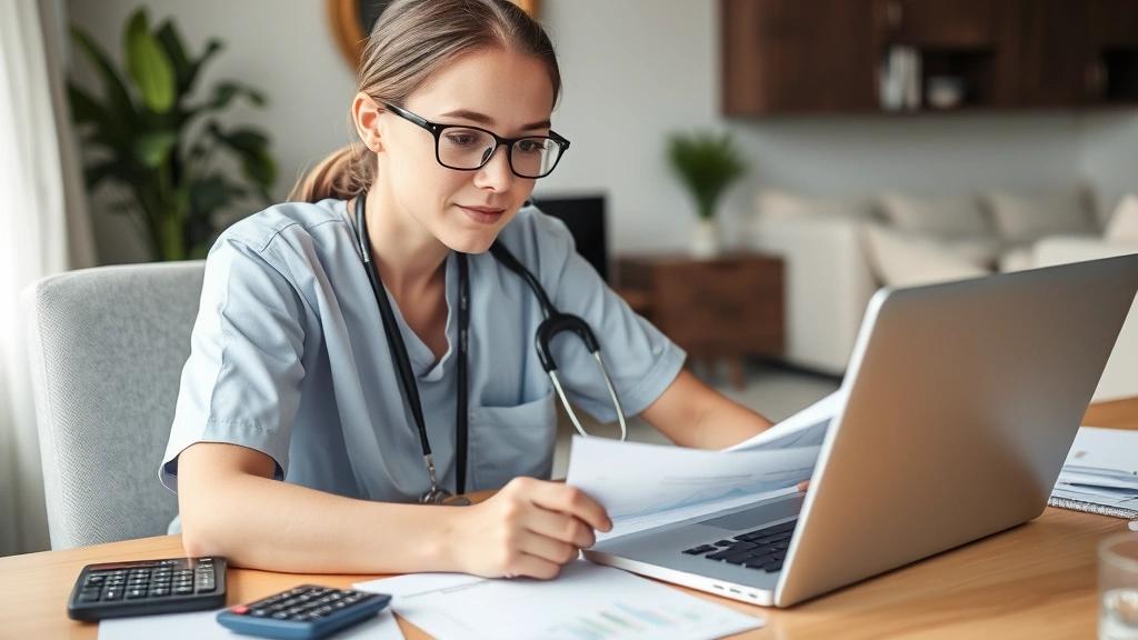 Young nurse reviewing financial documents and investment portfolio on laptop at home desk, surrounded by budget planning materials and calculator, focused expression