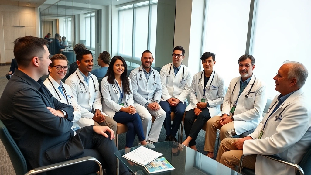 Diverse group of healthcare professionals in meeting room discussing retirement planning and wealth strategy with financial advisor, confident and engaged