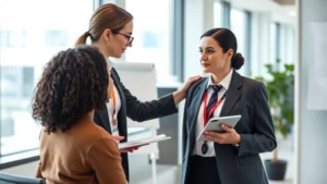 Professional occupational health nurse in business attire conducting workplace health screening with employee in modern corporate office environment, natural lighting, professional atmosphere, both subjects focused and engaged