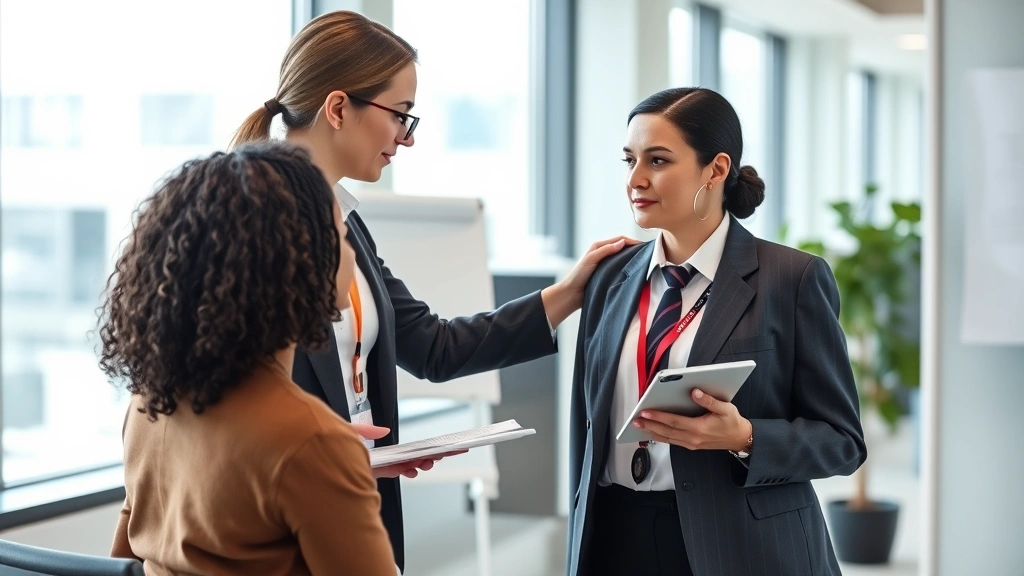 Professional occupational health nurse in business attire conducting workplace health screening with employee in modern corporate office environment, natural lighting, professional atmosphere, both subjects focused and engaged