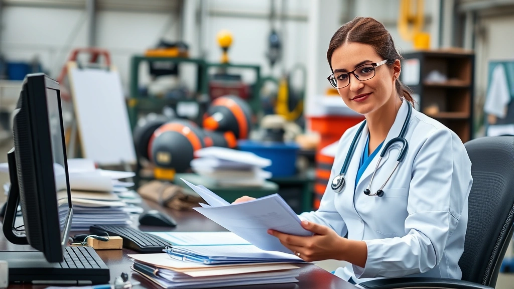 Experienced occupational health nurse reviewing workplace safety protocols and health records at organized desk in industrial facility office, professional setting with safety equipment visible in background, confident demeanor
