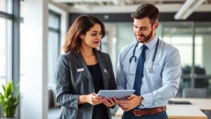 Professional female occupational health nurse in business casual attire conducting workplace health assessment with male employee in modern office environment, both focused on wellness consultation