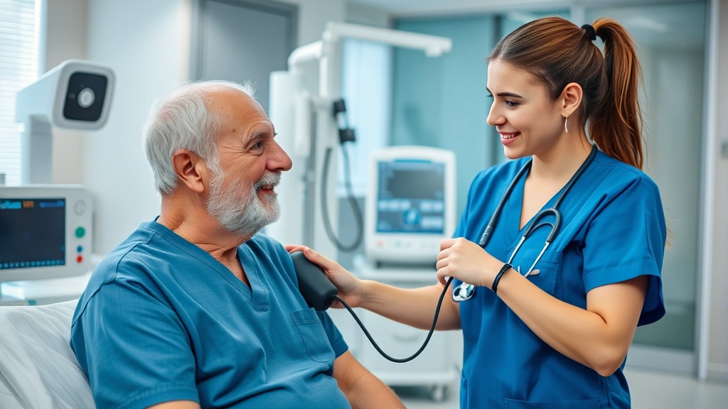 Professional female nurse in blue scrubs checking vital signs on elderly male patient in modern hospital room with medical equipment visible in background