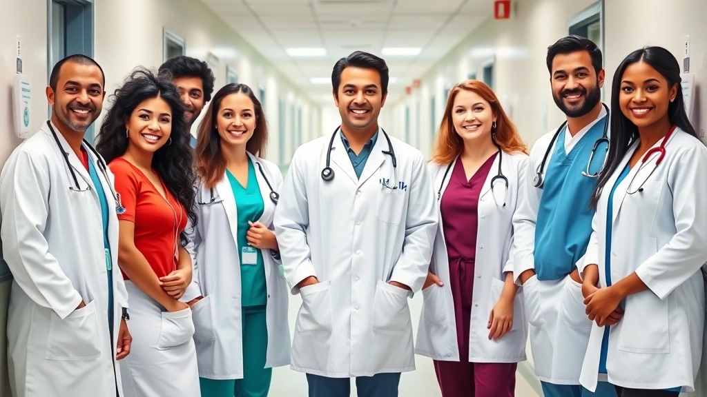 Diverse healthcare team of doctors, nurses, and medical professionals standing together in hospital hallway wearing white coats and stethoscopes, smiling confidently