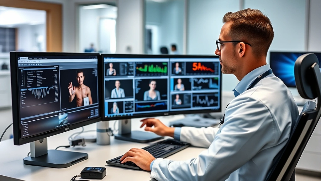 Medical professional working at modern computer workstation in healthcare facility analyzing patient data on multiple monitors in contemporary clinical setting