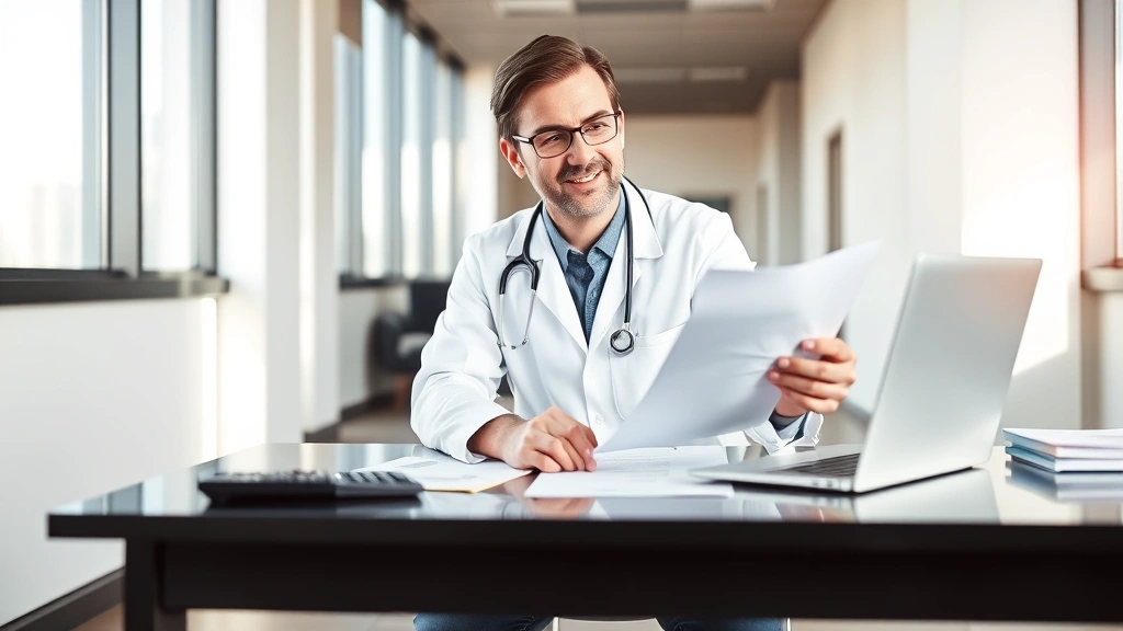 Professional healthcare worker in white coat reviewing financial documents at modern office desk with laptop and calculator, natural lighting, confident expression, professional environment