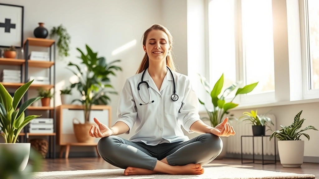 Healthcare professional meditating peacefully in modern home office, sunlight streaming through windows, calm expression, wellness-focused environment, plants and organized space