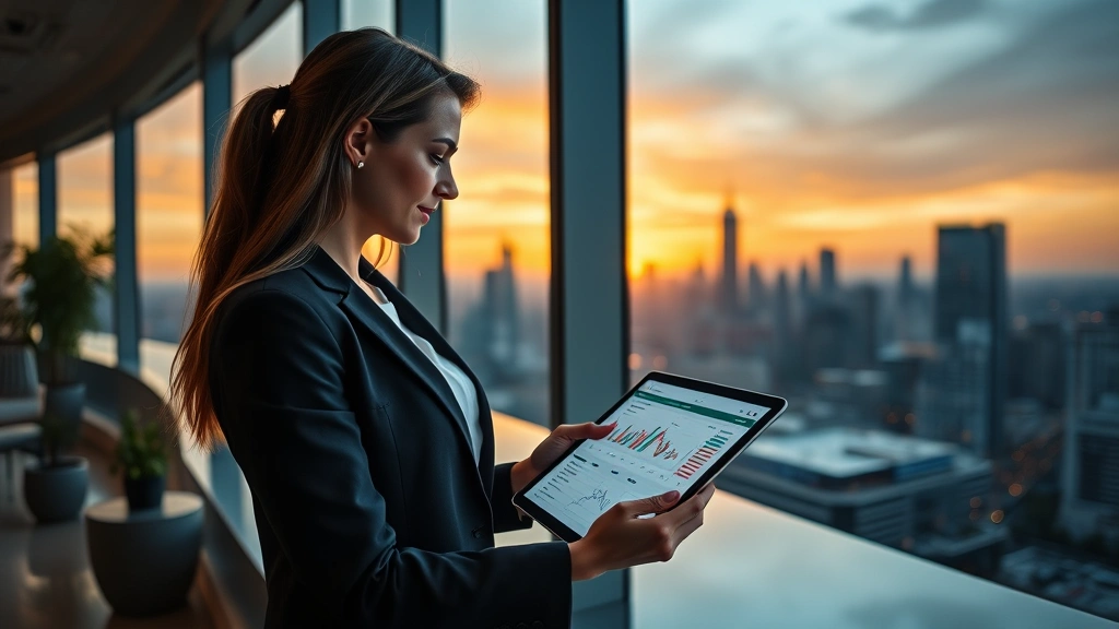 Successful professional woman in business attire reviewing investment portfolio on tablet in luxury modern office overlooking city skyline at sunset