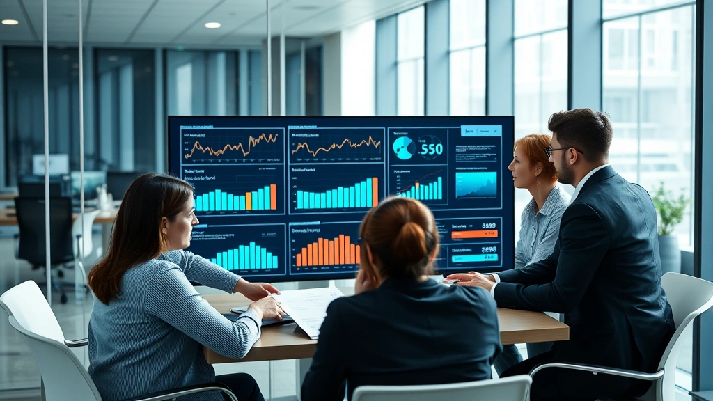 Diverse team of professionals collaborating on financial strategy using charts and data visualization on large digital display in contemporary glass office
