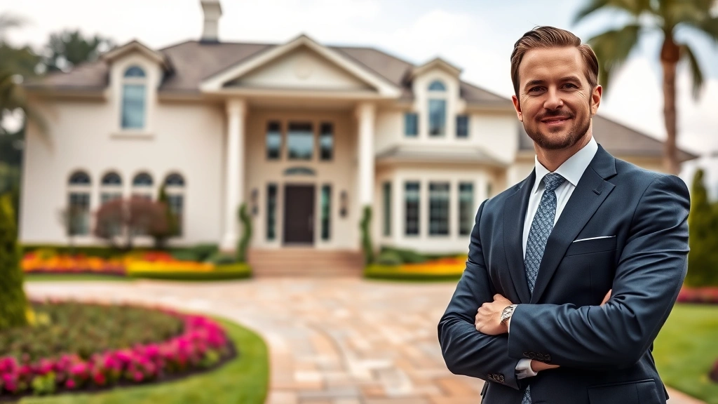 Confident businessman in formal suit standing in front of luxury home with manicured garden, representing real estate wealth building and property investment