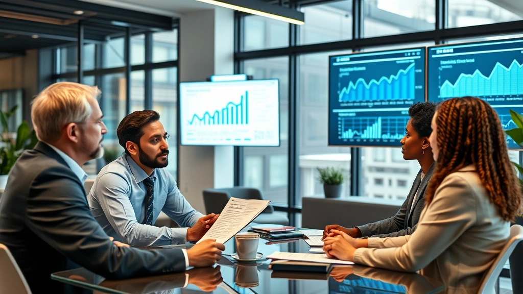 Professional financial advisor discussing behavioral health investment strategy with diverse clients in modern office environment, charts and growth graphs visible on digital displays