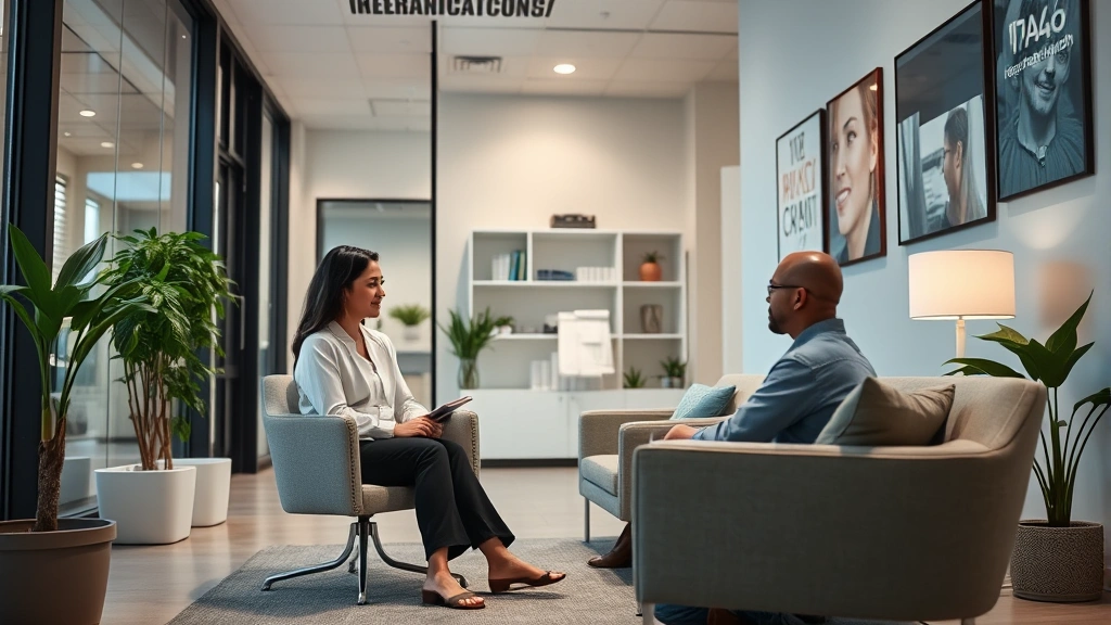Modern mental health clinic interior with therapist and patient in comfortable counseling room, representing quality behavioral health services and treatment outcomes
