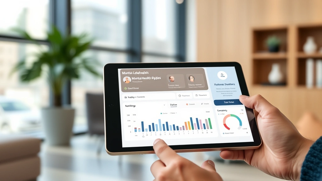 Digital telehealth platform interface on tablet screen showing mental health appointment scheduling and patient engagement metrics in contemporary healthcare setting