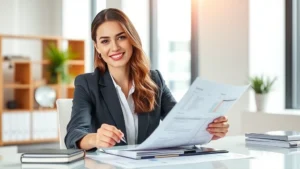 Professional woman in business attire reviewing financial documents and health records at modern office desk, natural lighting, confident expression, wellness and wealth concept