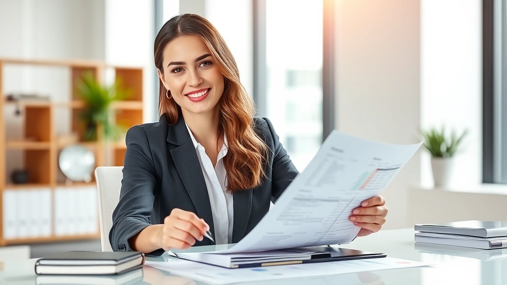 Professional woman in business attire reviewing financial documents and health records at modern office desk, natural lighting, confident expression, wellness and wealth concept