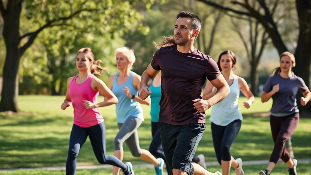 Diverse group of healthy adults exercising outdoors in park, running and stretching, natural daylight, vitality and energy, wellness lifestyle