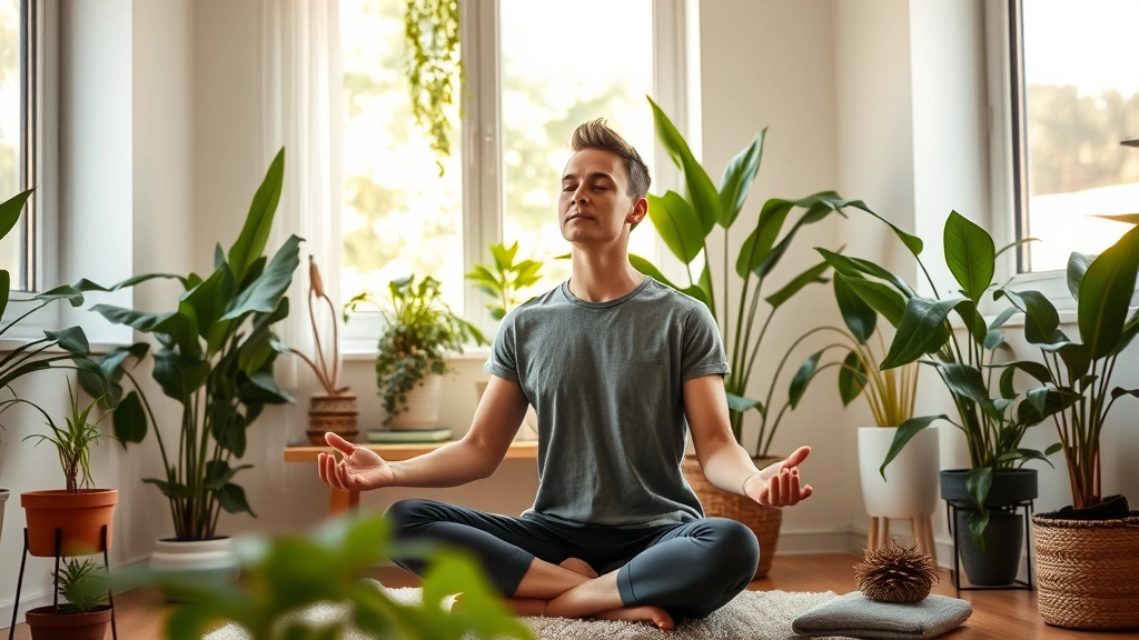 Person meditating peacefully in home office with plants, calm environment, stress relief and mental clarity, professional yet serene setting