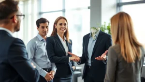 Professional woman in business attire confidently presenting to colleagues in a modern office, radiating health and vitality with excellent posture and engaged expression, natural lighting through windows