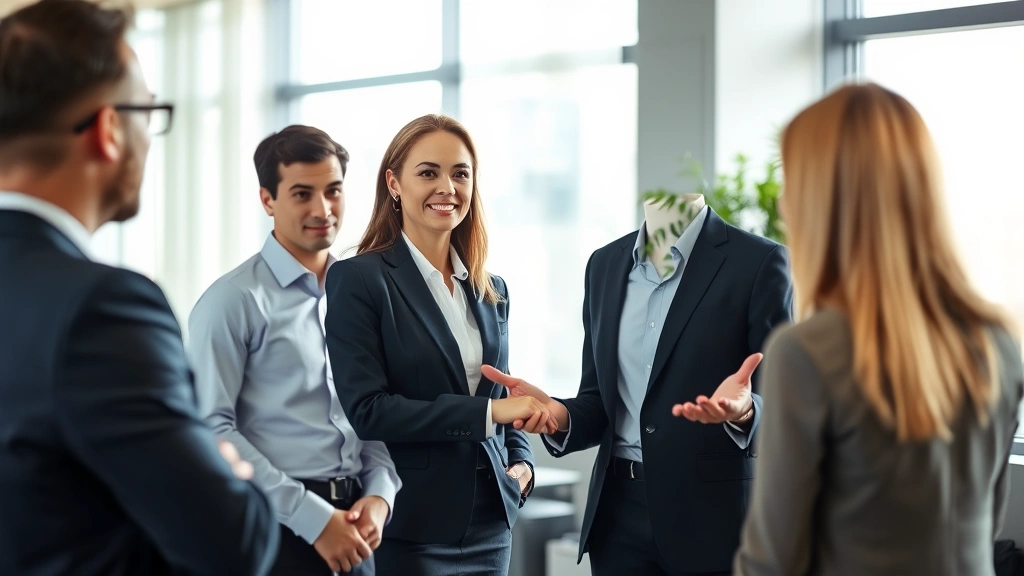 Professional woman in business attire confidently presenting to colleagues in a modern office, radiating health and vitality with excellent posture and engaged expression, natural lighting through windows