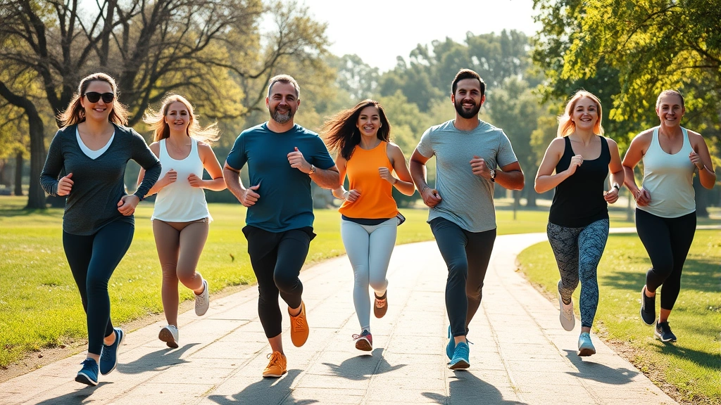 Diverse group of healthy professionals exercising together outdoors in a park, jogging and stretching with genuine smiles, morning sunlight, showing energy and wellness commitment