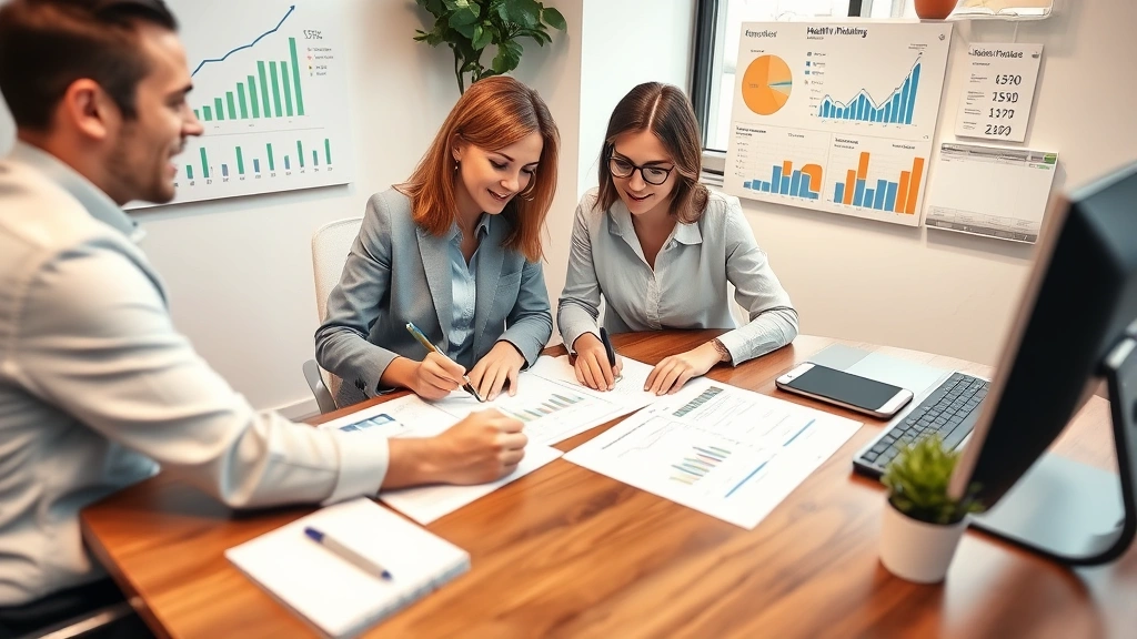 Financial advisor and wellness coach collaborating at a desk with charts and health metrics visible, reviewing comprehensive financial and health planning documents together in professional setting