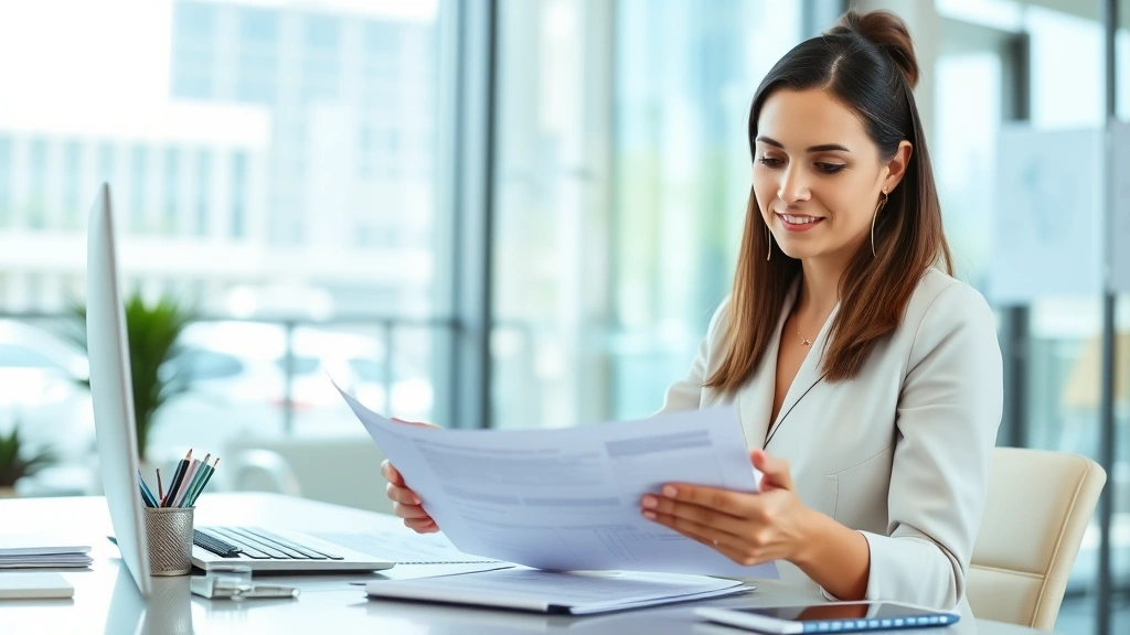 Professional woman in modern office setting reviewing health documents and insurance paperwork at desk with natural lighting, confident expression focused on financial wellness planning