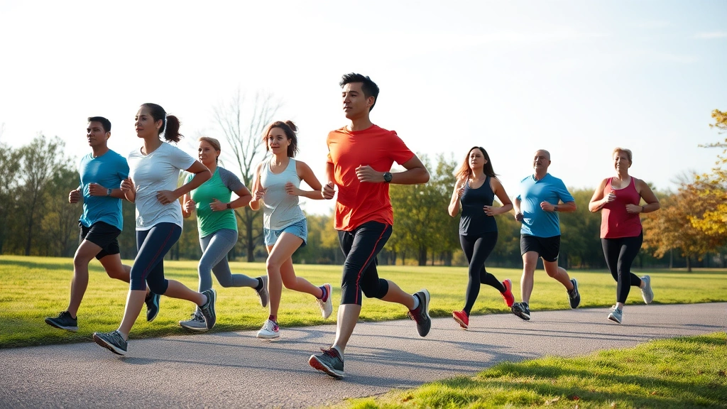 Diverse group of people exercising outdoors in park during morning workout, showing jogging, stretching, and healthy lifestyle activities with natural scenery and clear sky