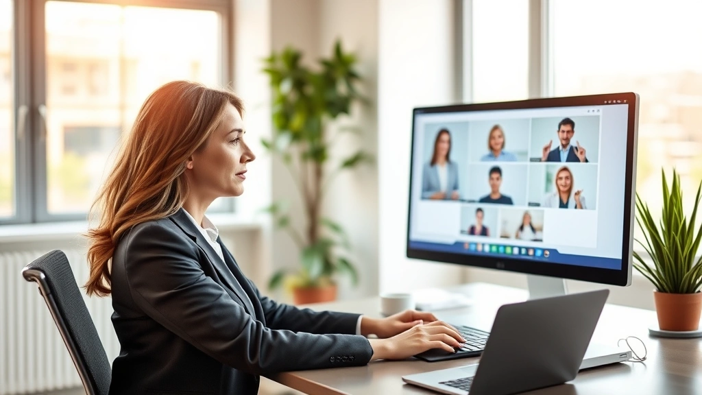 Professional woman in modern office having virtual therapy session on computer screen, natural lighting through windows, calm professional environment, wealth and wellness theme