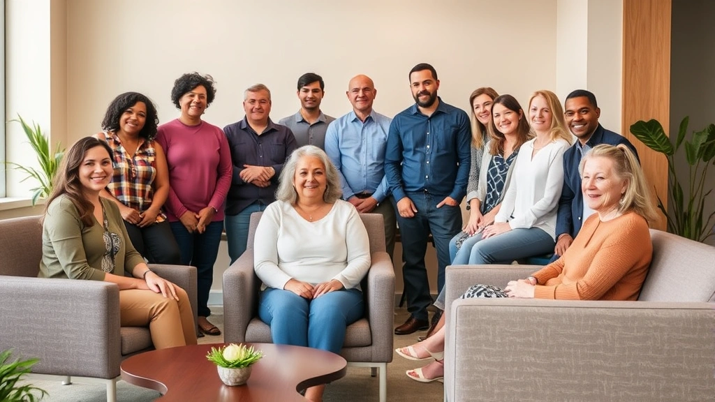 Diverse group of people in community mental health center waiting area, warm neutral colors, comfortable modern furniture, representing accessible mental healthcare accessibility