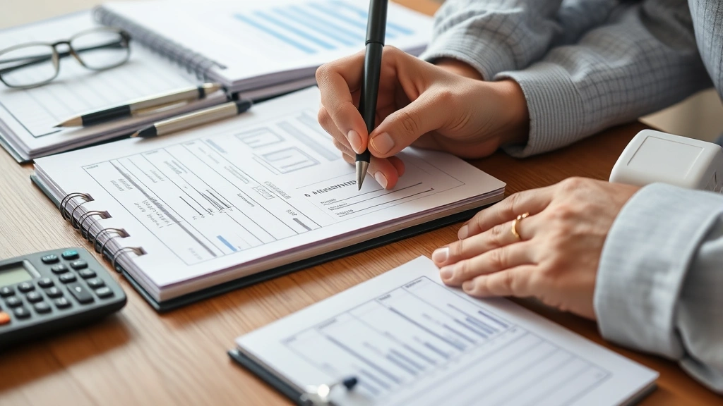 Close-up of person writing in financial planner notebook with health insurance documents and calculator nearby, organized desk, financial planning for healthcare costs