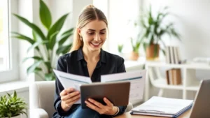 Professional woman reviewing financial documents on tablet in modern home office with plants, natural lighting, confident expression, wealth planning focus