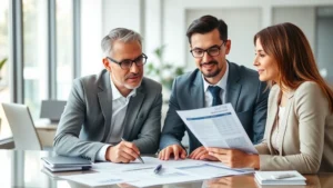 Professional financial advisor working with client reviewing health savings account statements and investment options on desk with modern office background, natural lighting, confident expressions