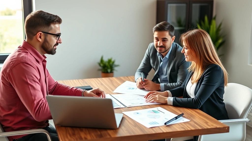 Professional financial advisor meeting with young couple reviewing healthcare and investment documents on modern office desk with laptop and charts, natural lighting