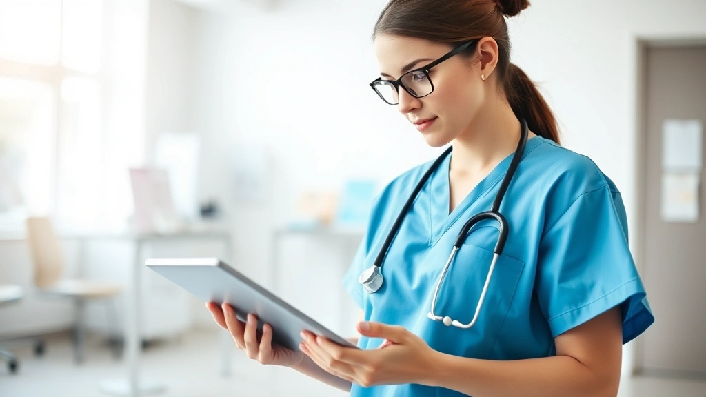 Healthcare worker in scrubs examining patient records on digital tablet in bright clinic setting, representing health sector employment and medical cost management