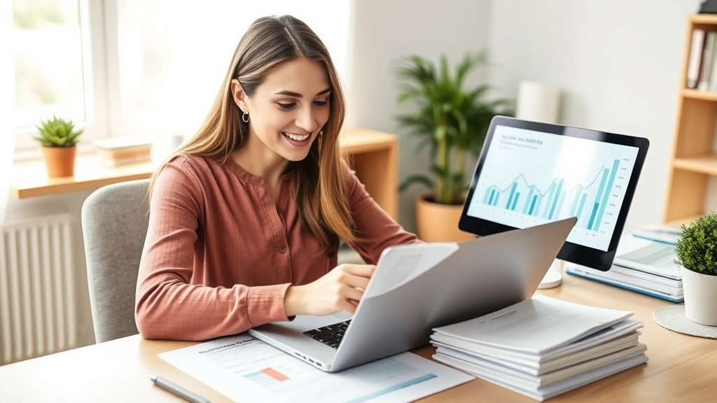 Young professional woman reviewing healthcare costs and HSA investment portfolio on laptop at home office desk, organized financial documents, growth chart visible on screen