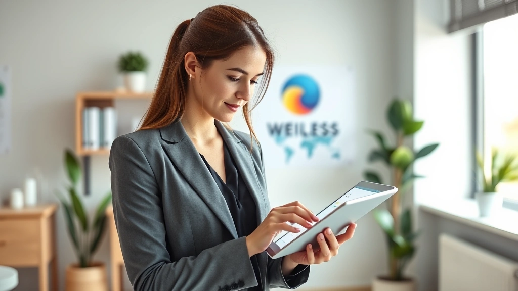 Professional woman in business attire reviewing health metrics on tablet in modern medical office setting with natural lighting and wellness-focused decor