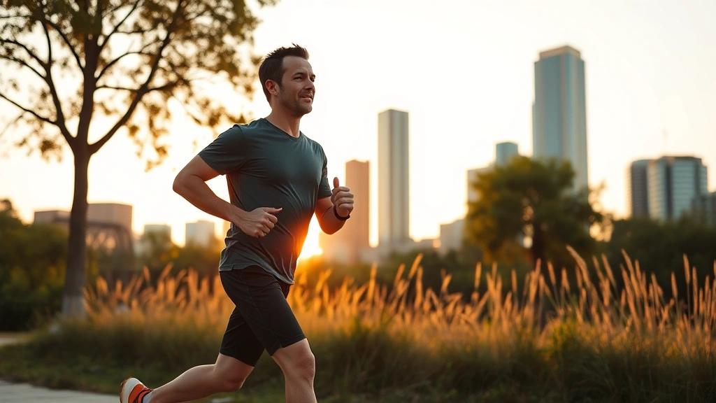 Fit middle-aged man jogging through urban park during golden hour with city skyline background, representing preventive health and active lifestyle