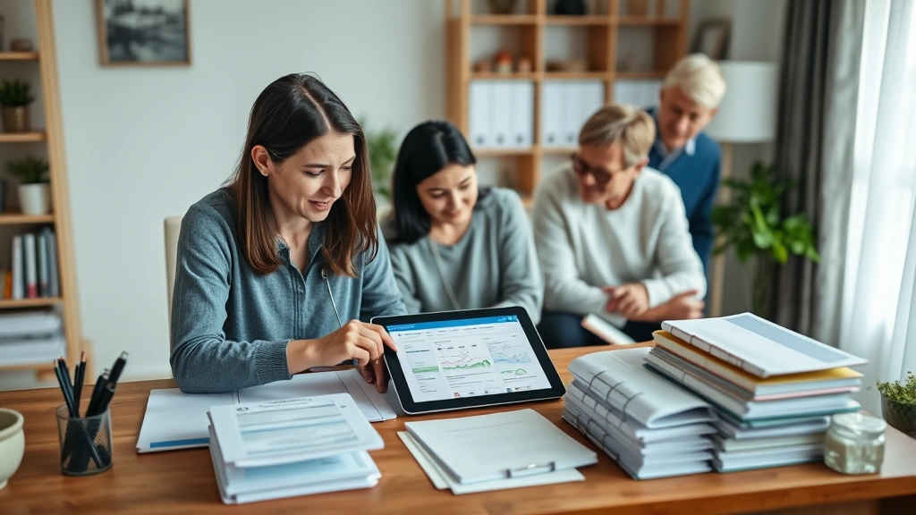 Individual reviewing organized health records and insurance documentation at home desk with clear filing system, tablet showing healthcare portal, and supportive family member nearby