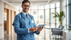 Professional healthcare worker confidently using tablet displaying scheduling interface in modern hospital administrative office with natural lighting and contemporary furniture