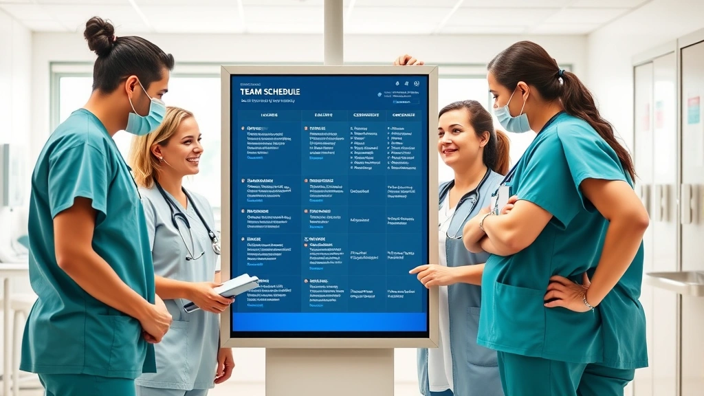 Diverse group of healthcare professionals in scrubs collaborating around digital display showing team schedule and shift assignments in bright clinical environment