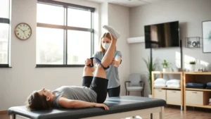 Professional physical therapist assisting patient with leg exercises in modern Kansas City clinic, bright natural lighting, patient on therapy table with resistance band