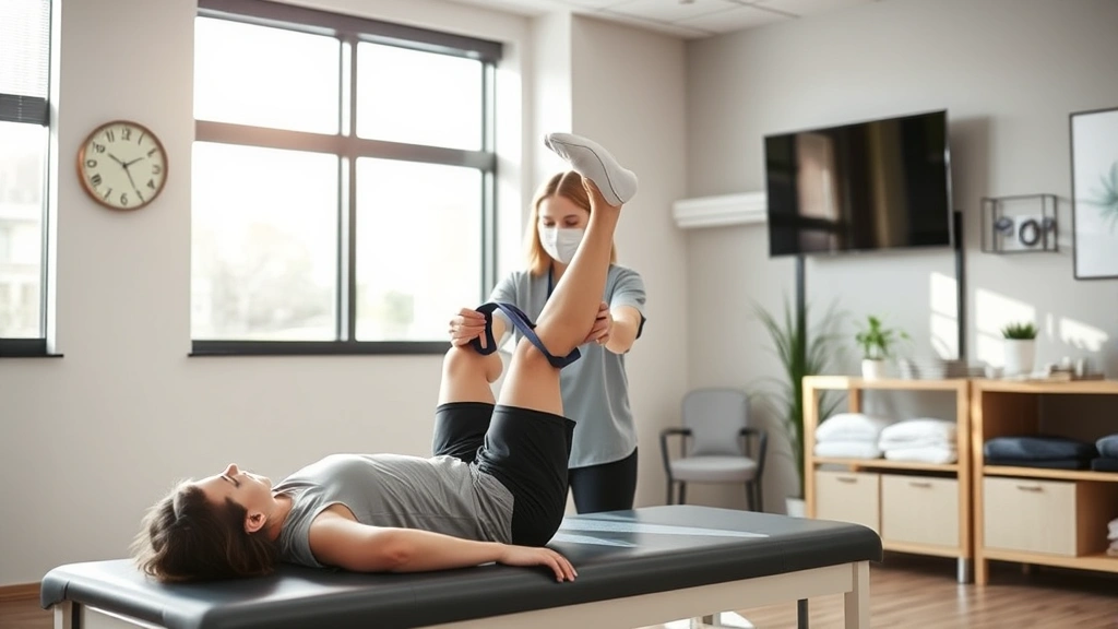 Professional physical therapist assisting patient with leg exercises in modern Kansas City clinic, bright natural lighting, patient on therapy table with resistance band